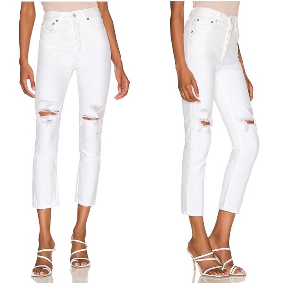 Agolde Riley High Rise Straight Crop Distressed Jeans in Slant White Size 26 - Picture 2 of 12